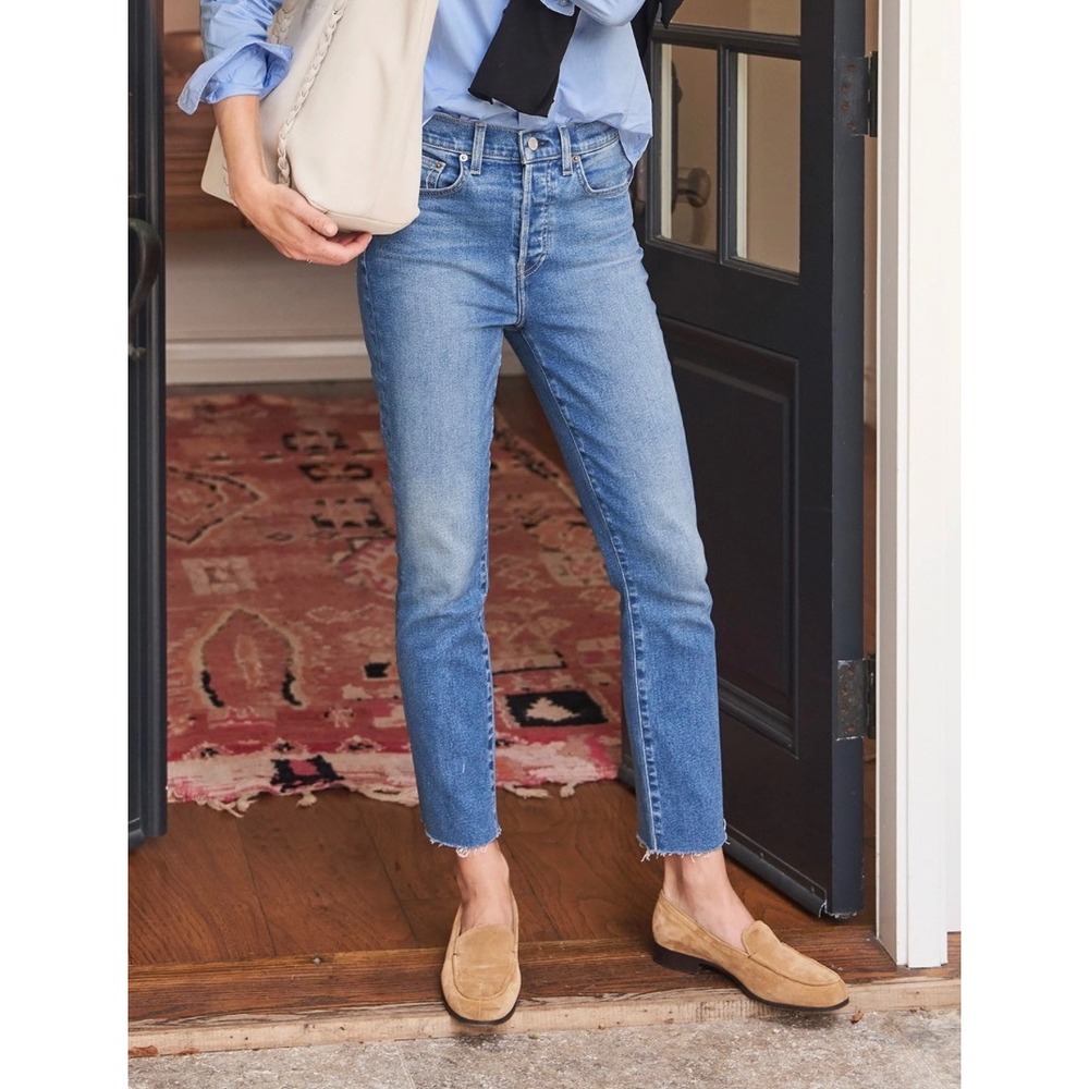 Frank & Eileen Cork High Rise Wide Leg Raw Hem Jeans Blue Button Fly Size 32